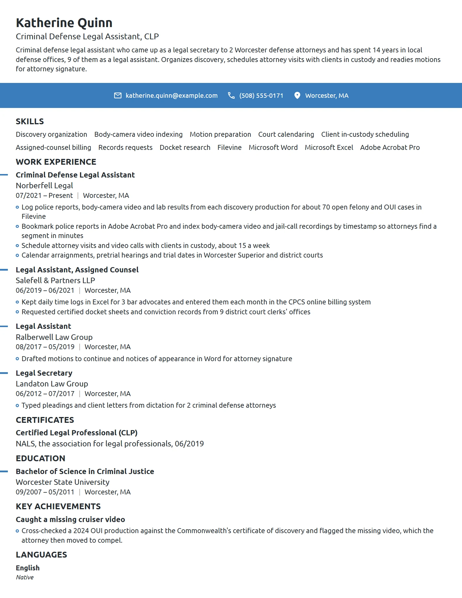 Criminal Defense Legal Assistant resume example