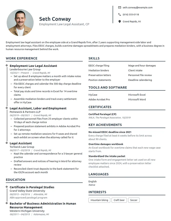 Employment Law Legal Assistant resume example