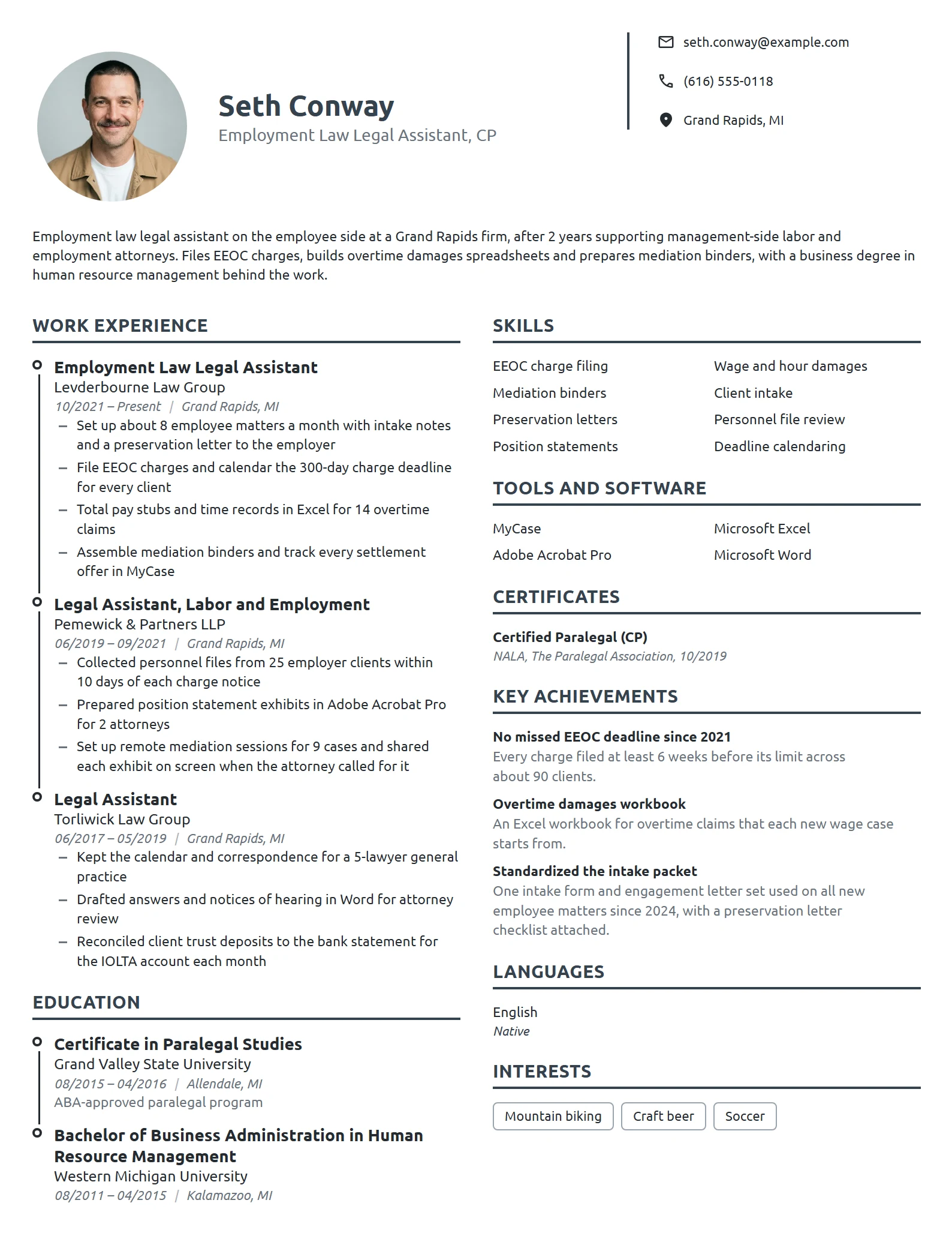 Employment Law Legal Assistant resume example