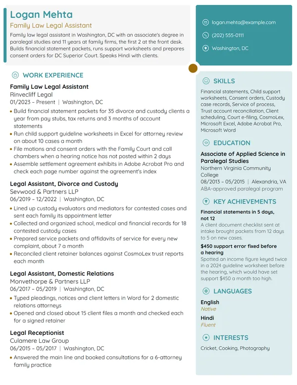 Family Law Legal Assistant resume example
