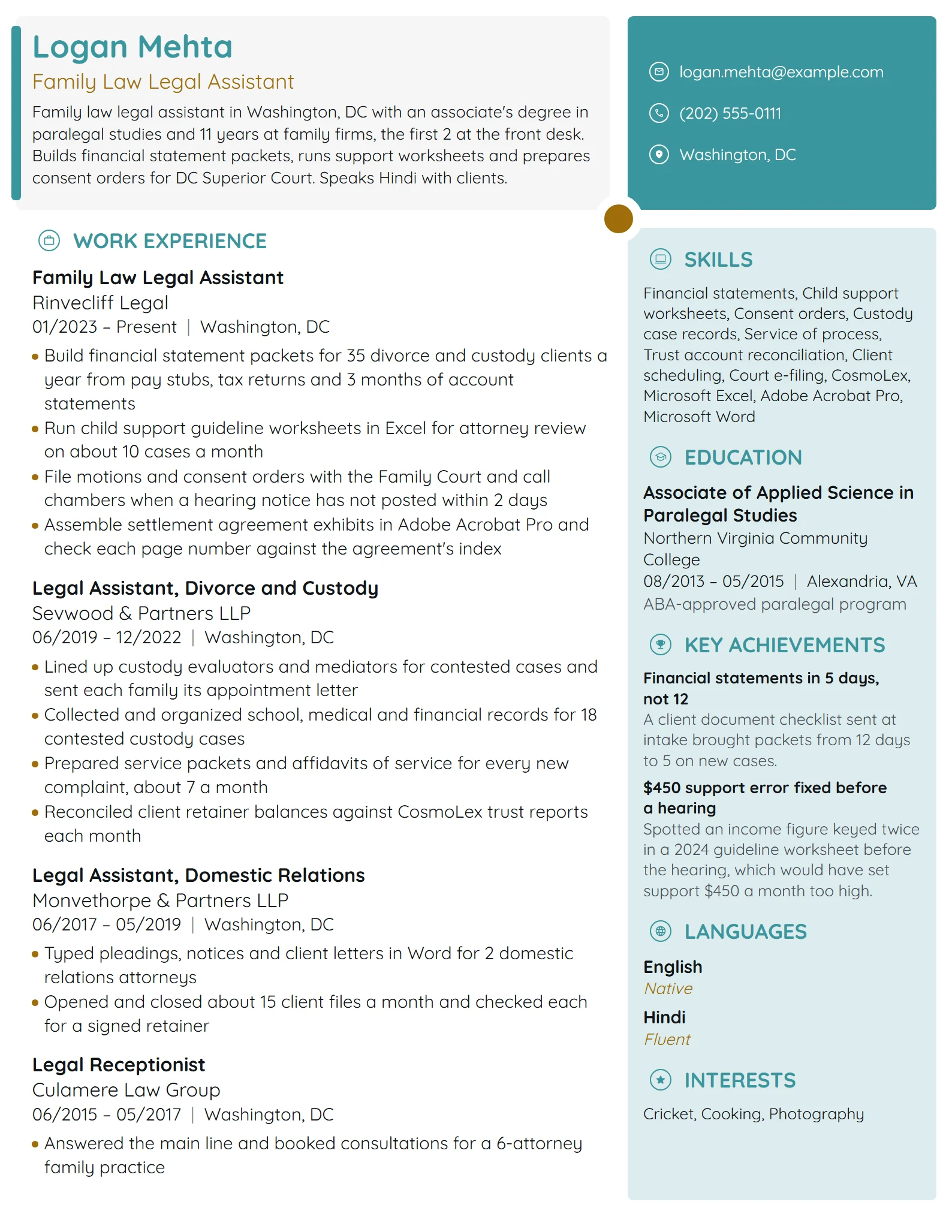 Family Law Legal Assistant resume example