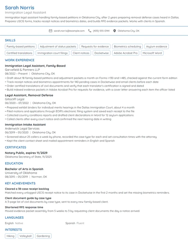 Immigration Legal Assistant resume example