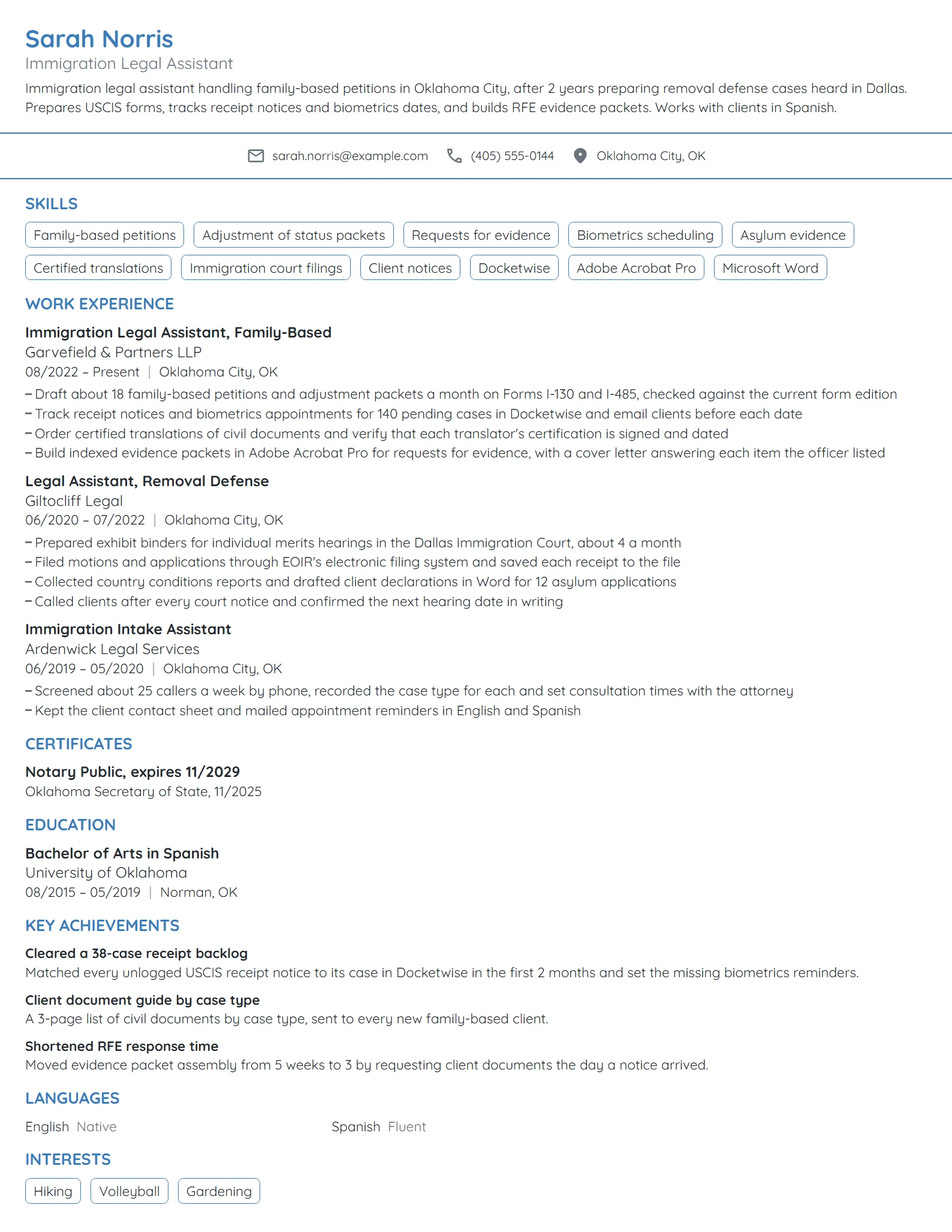 Immigration Legal Assistant resume example