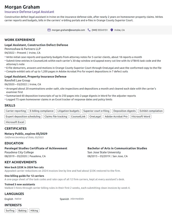 Insurance Defense Legal Assistant resume example