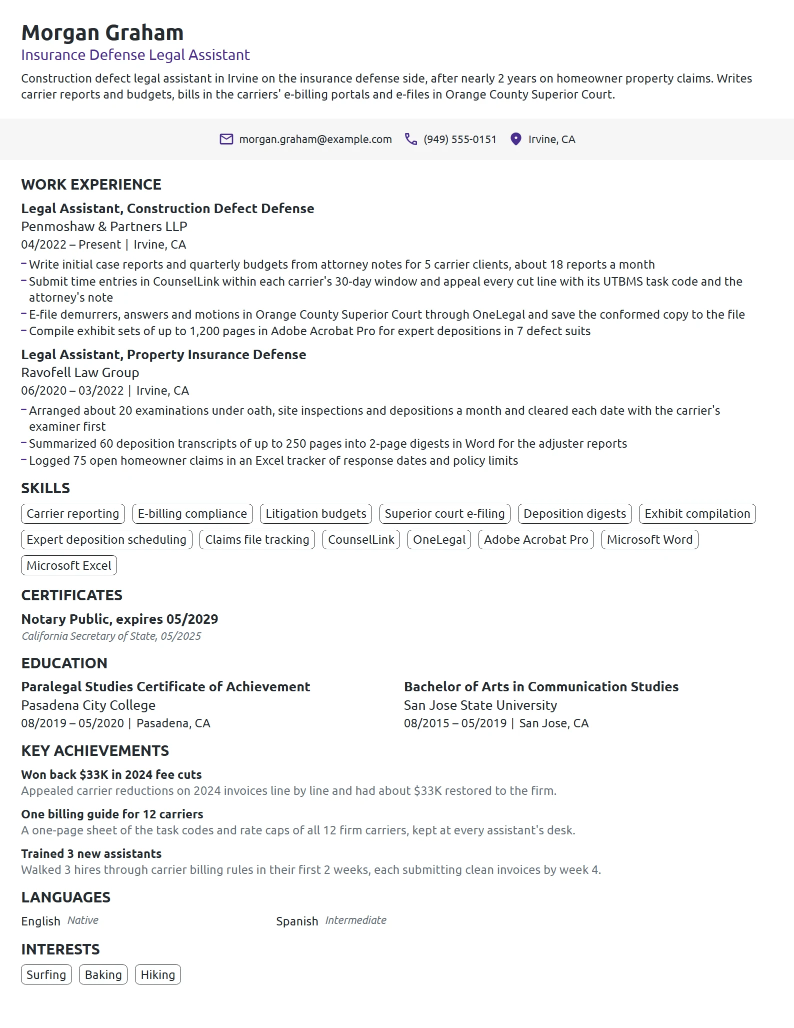 Insurance Defense Legal Assistant resume example