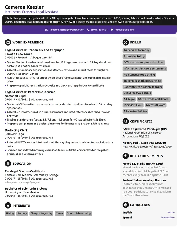 Intellectual Property Legal Assistant resume example