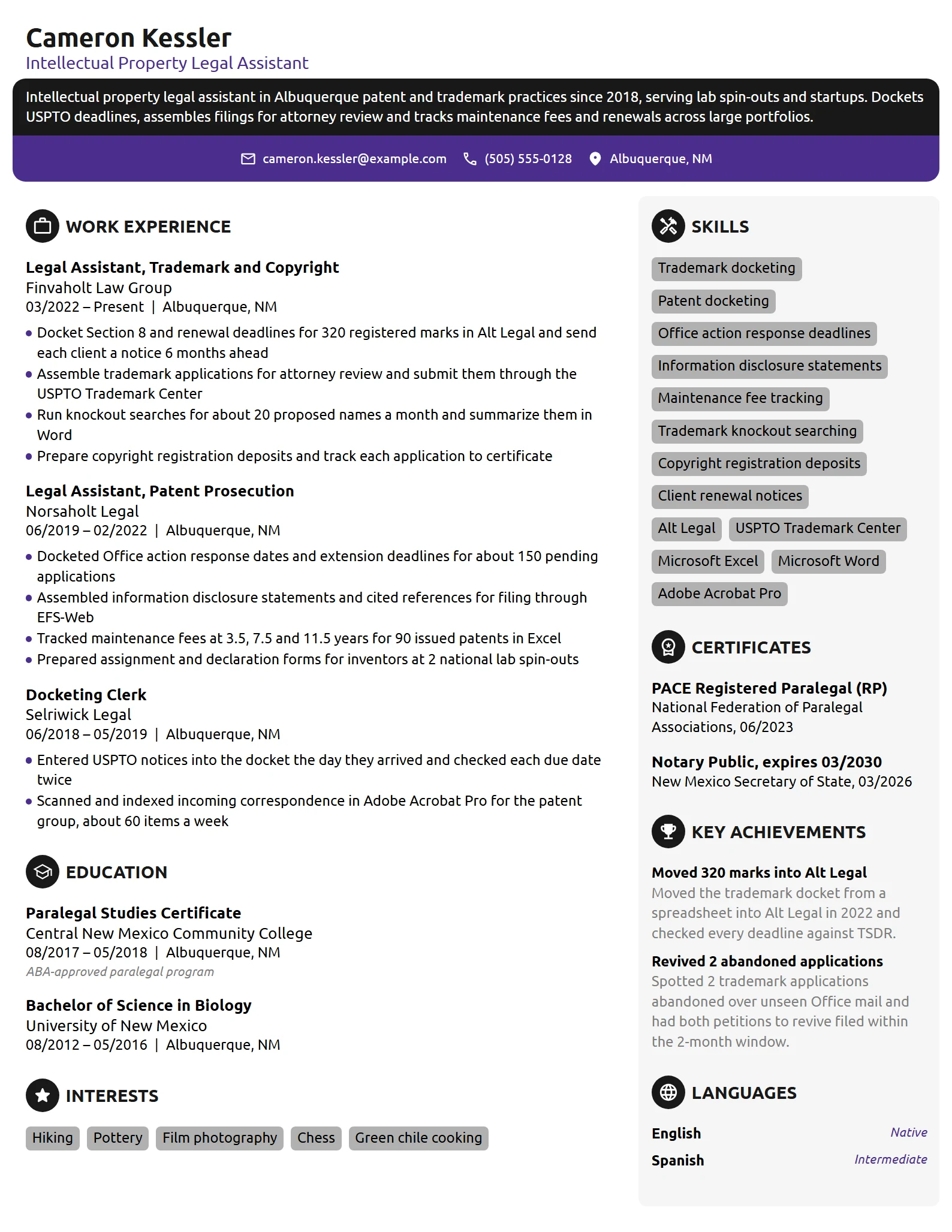 Intellectual Property Legal Assistant resume example