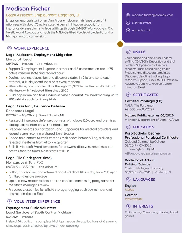 Legal Assistant resume example