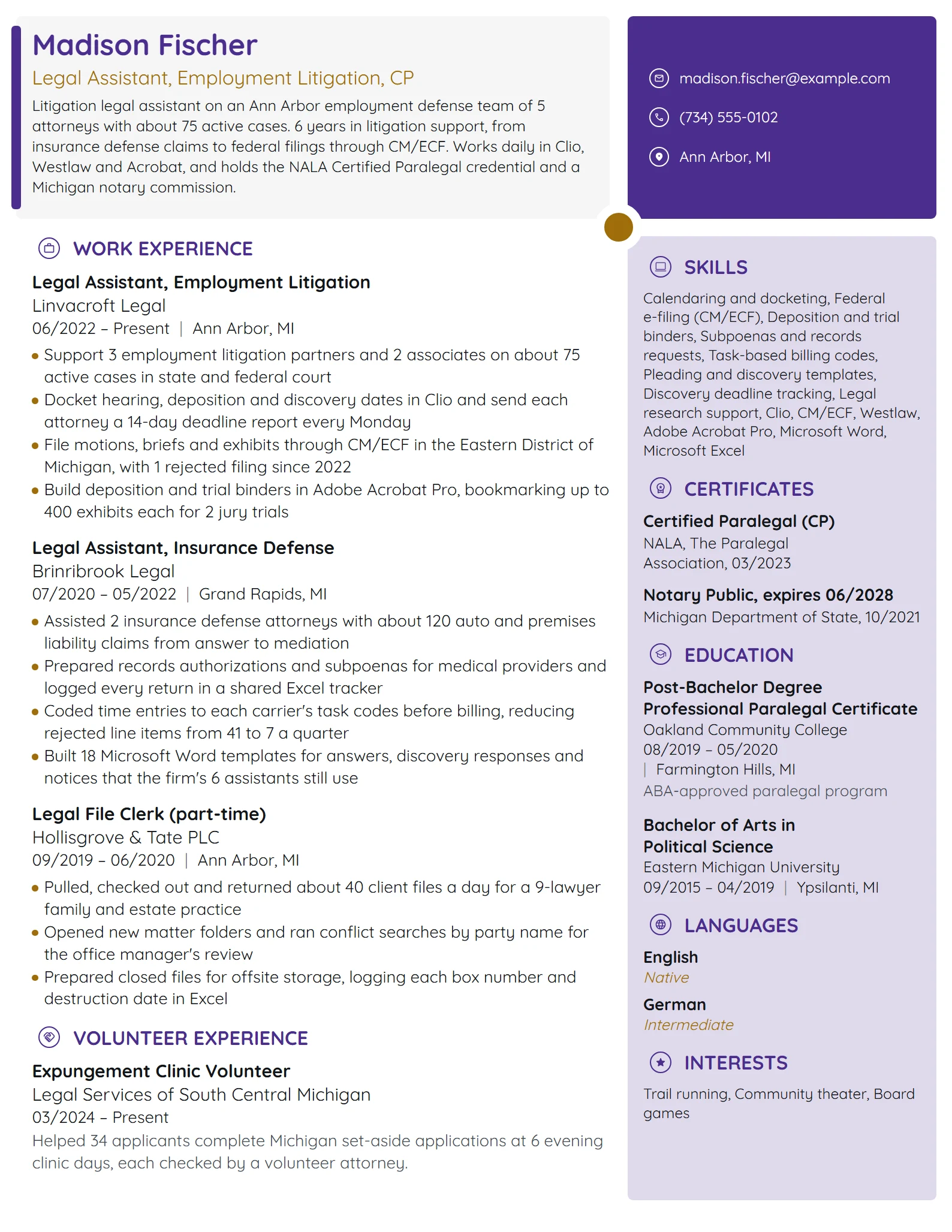Legal Assistant resume example