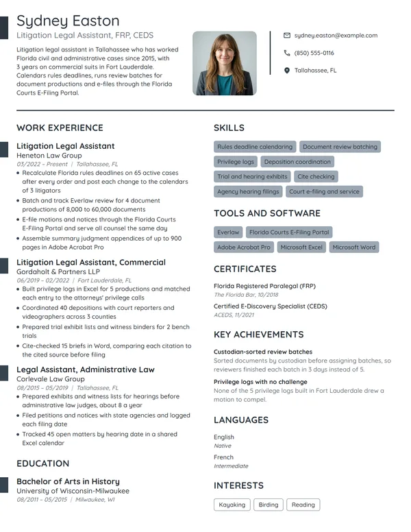 Litigation Legal Assistant resume example