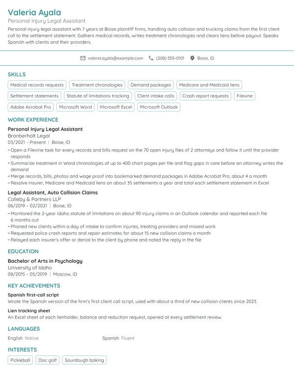 Personal Injury Legal Assistant resume example