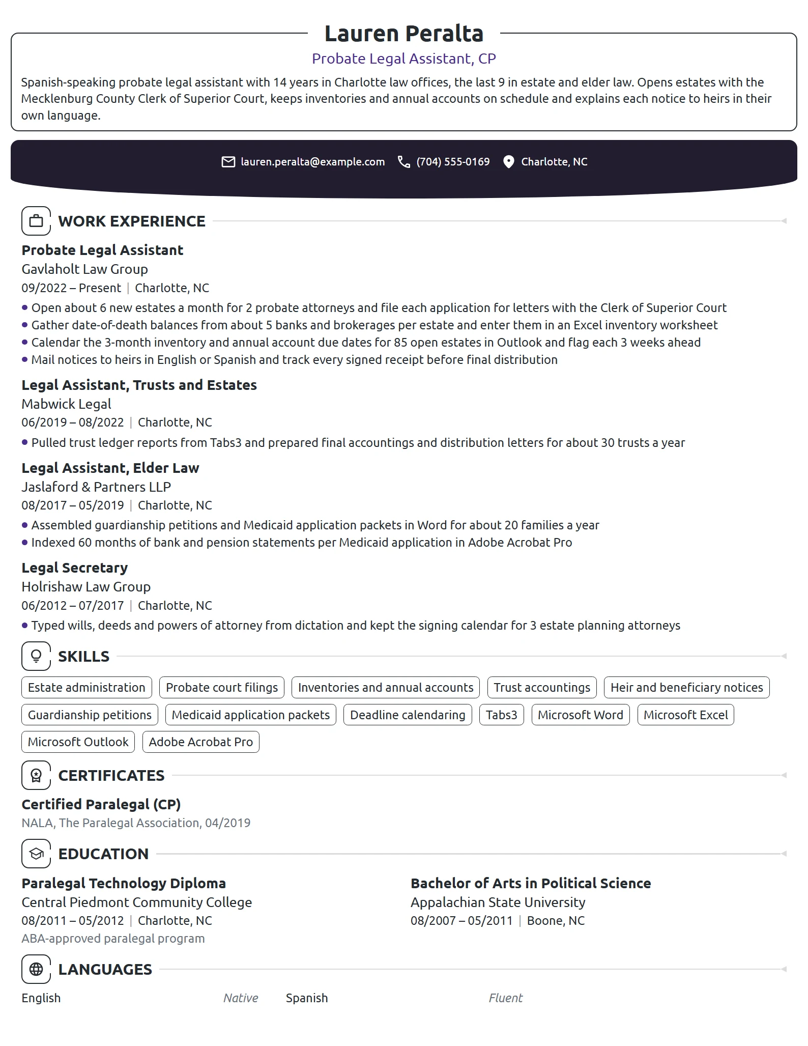 Probate Legal Assistant resume example