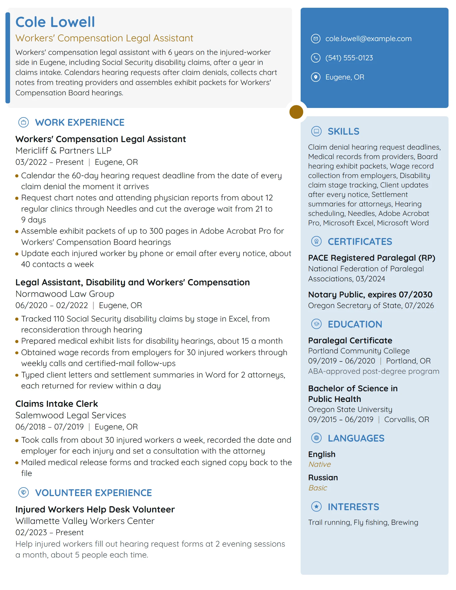 Workers' Compensation Legal Assistant resume example