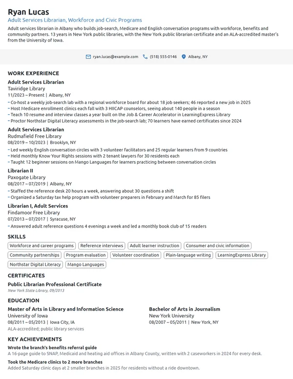 Adult Services Librarian resume example