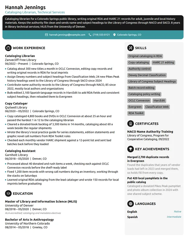 Cataloging Librarian resume example