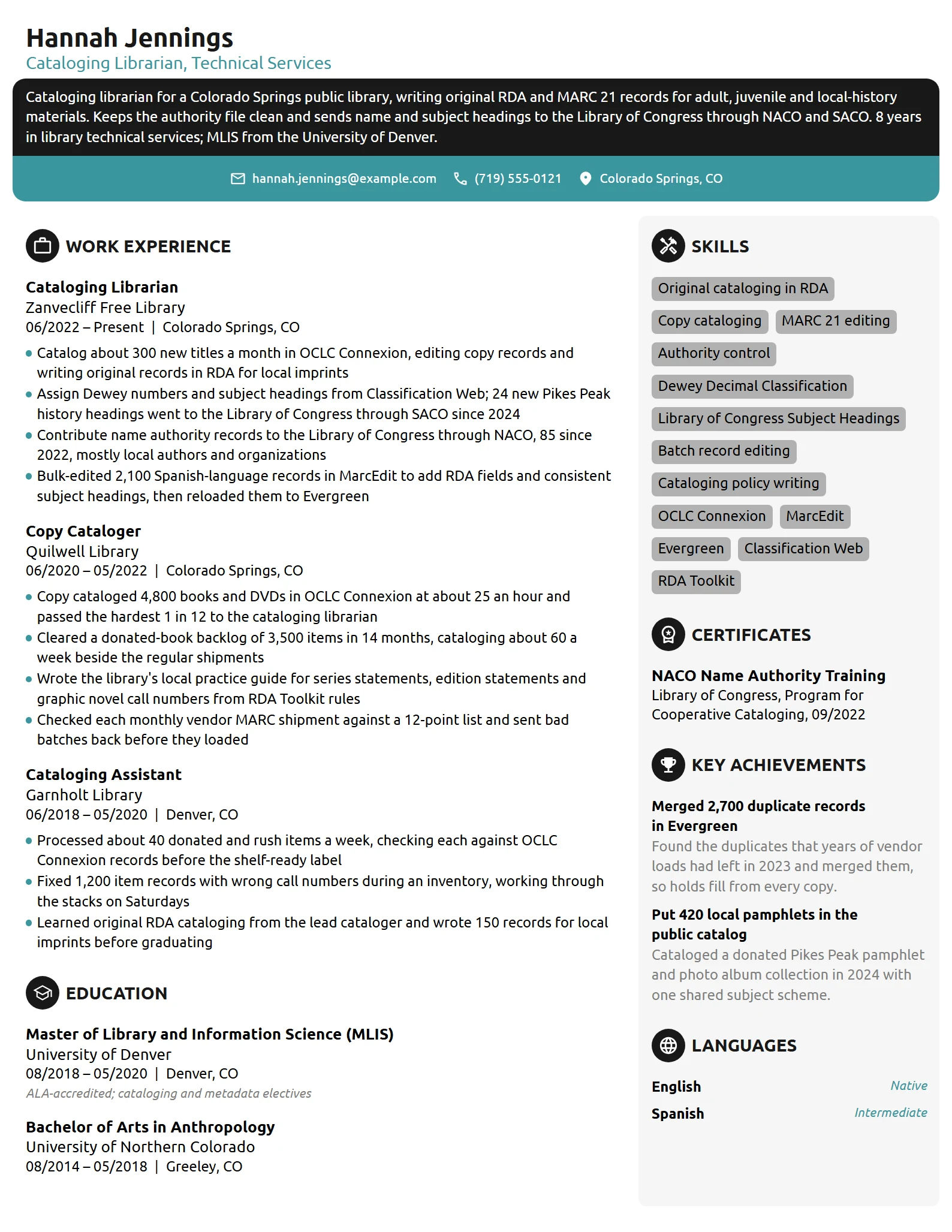 Cataloging Librarian resume example
