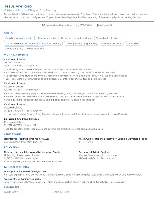 Children's Librarian resume example