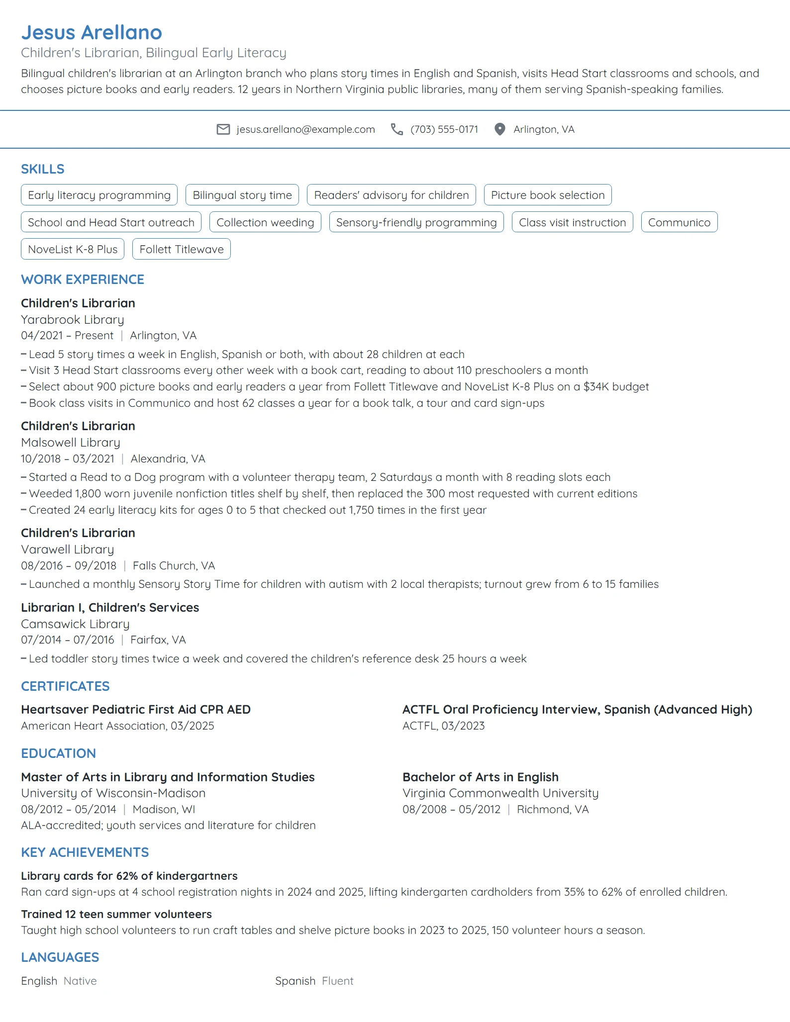 Children's Librarian resume example