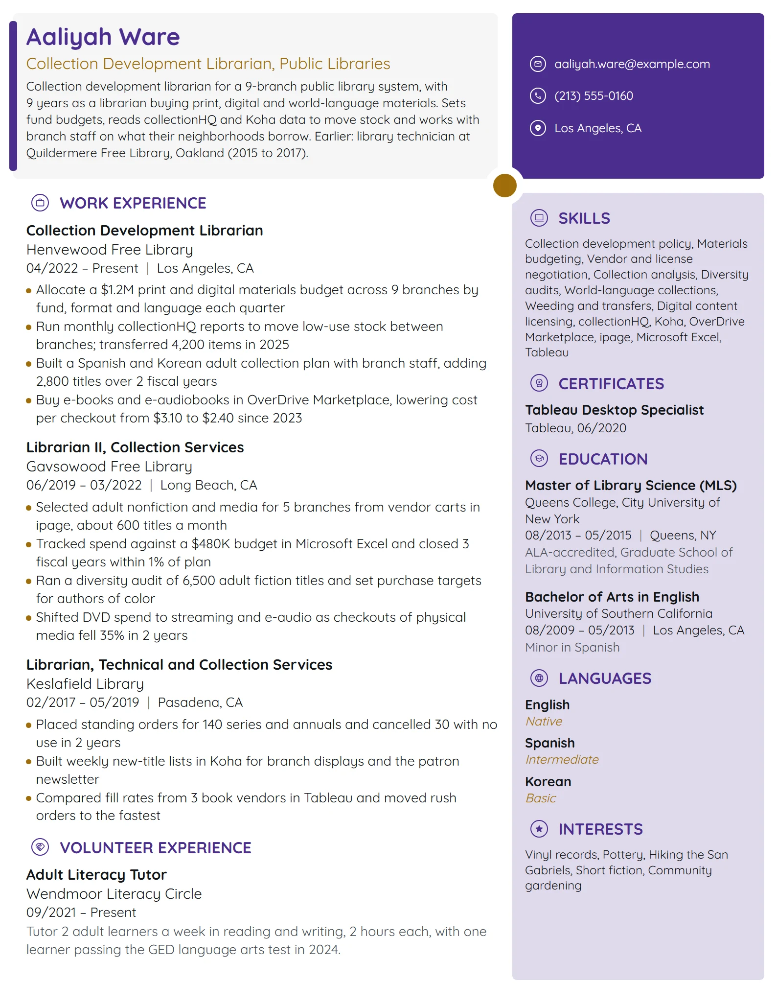 Collection Development Librarian resume example