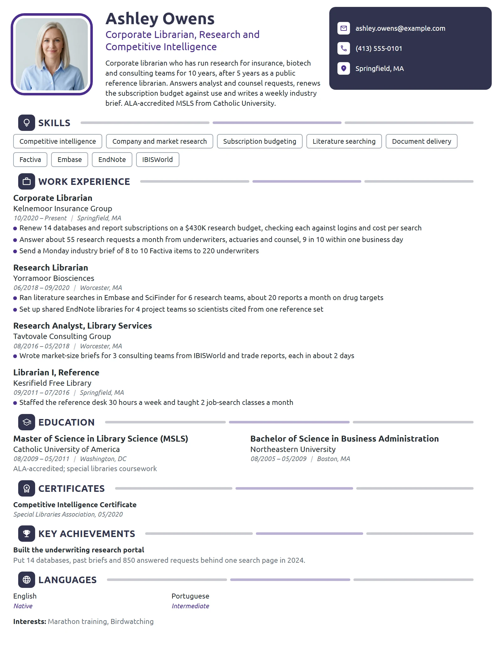 Corporate Librarian resume example