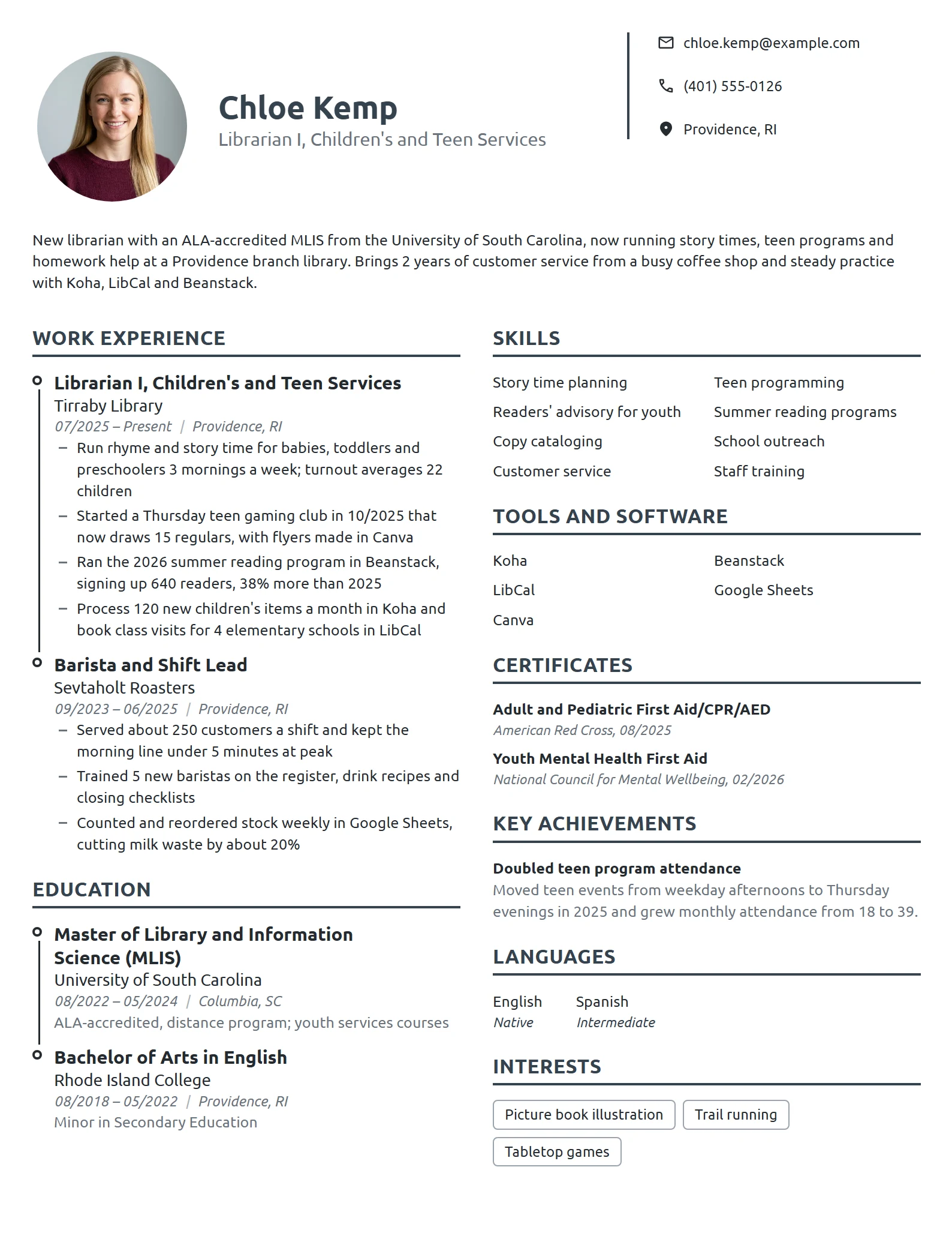 Entry-Level Librarian resume example
