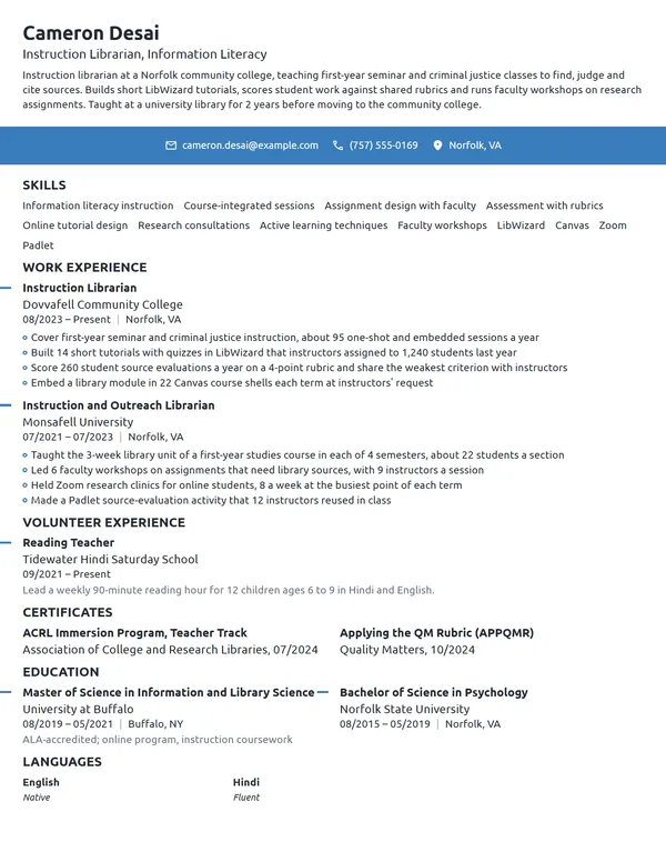 Instruction Librarian resume example