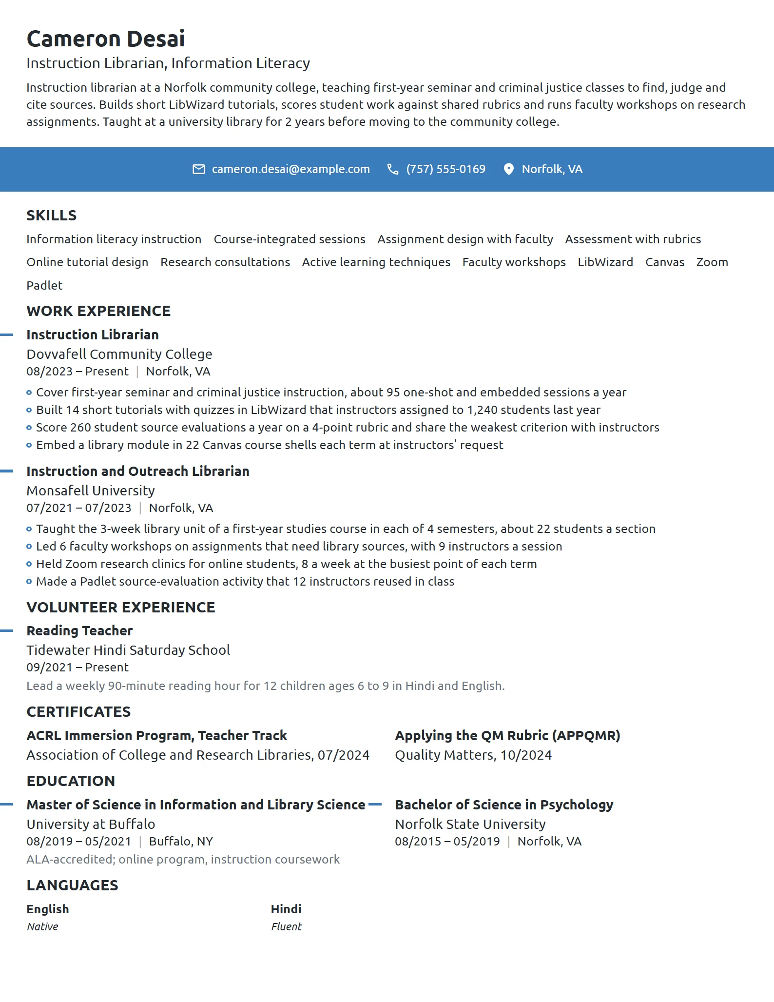 Instruction Librarian resume example