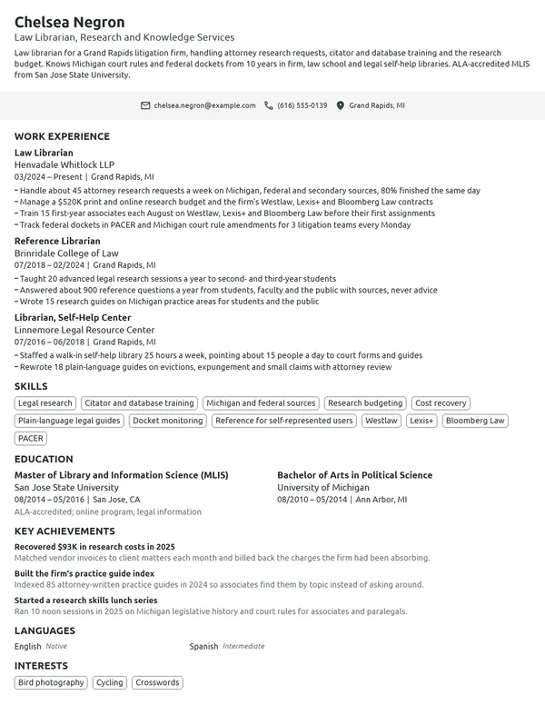 Law Librarian resume example