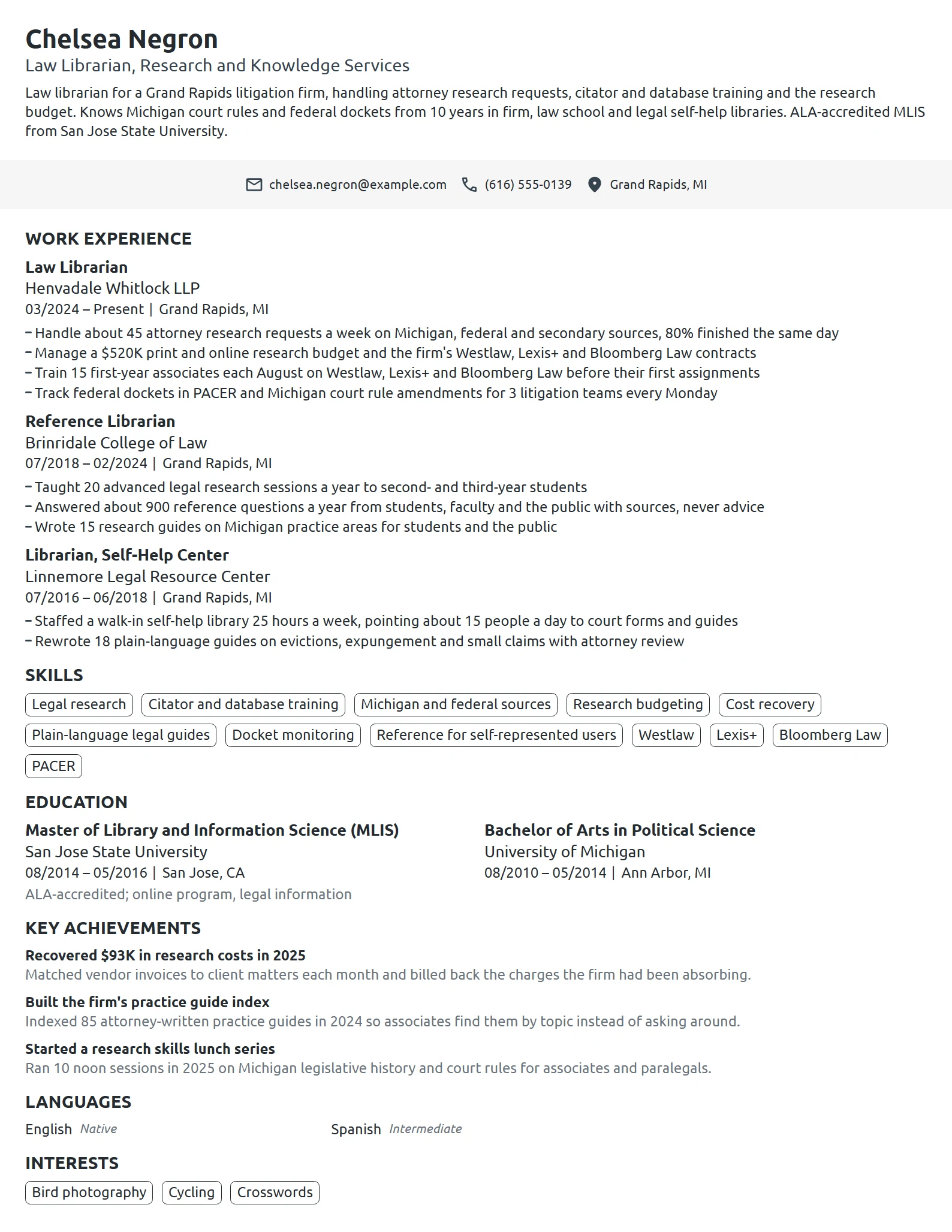 Law Librarian resume example