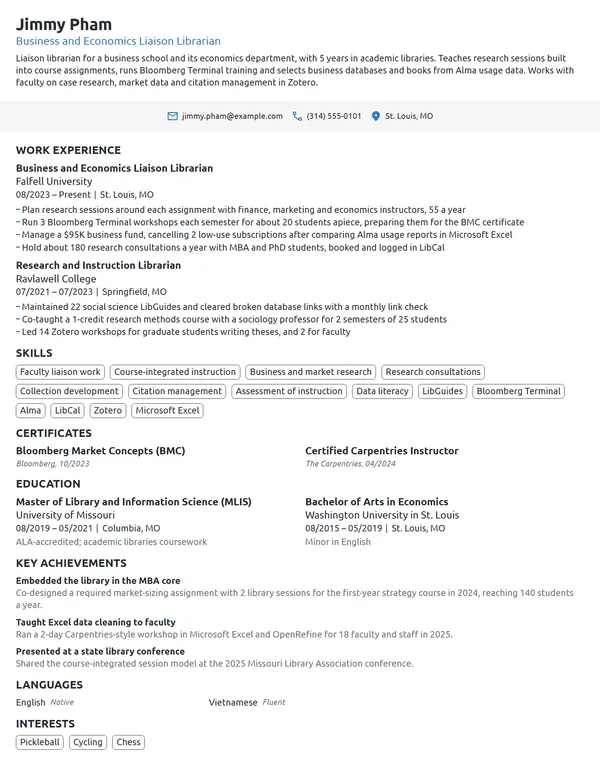 Liaison Librarian resume example