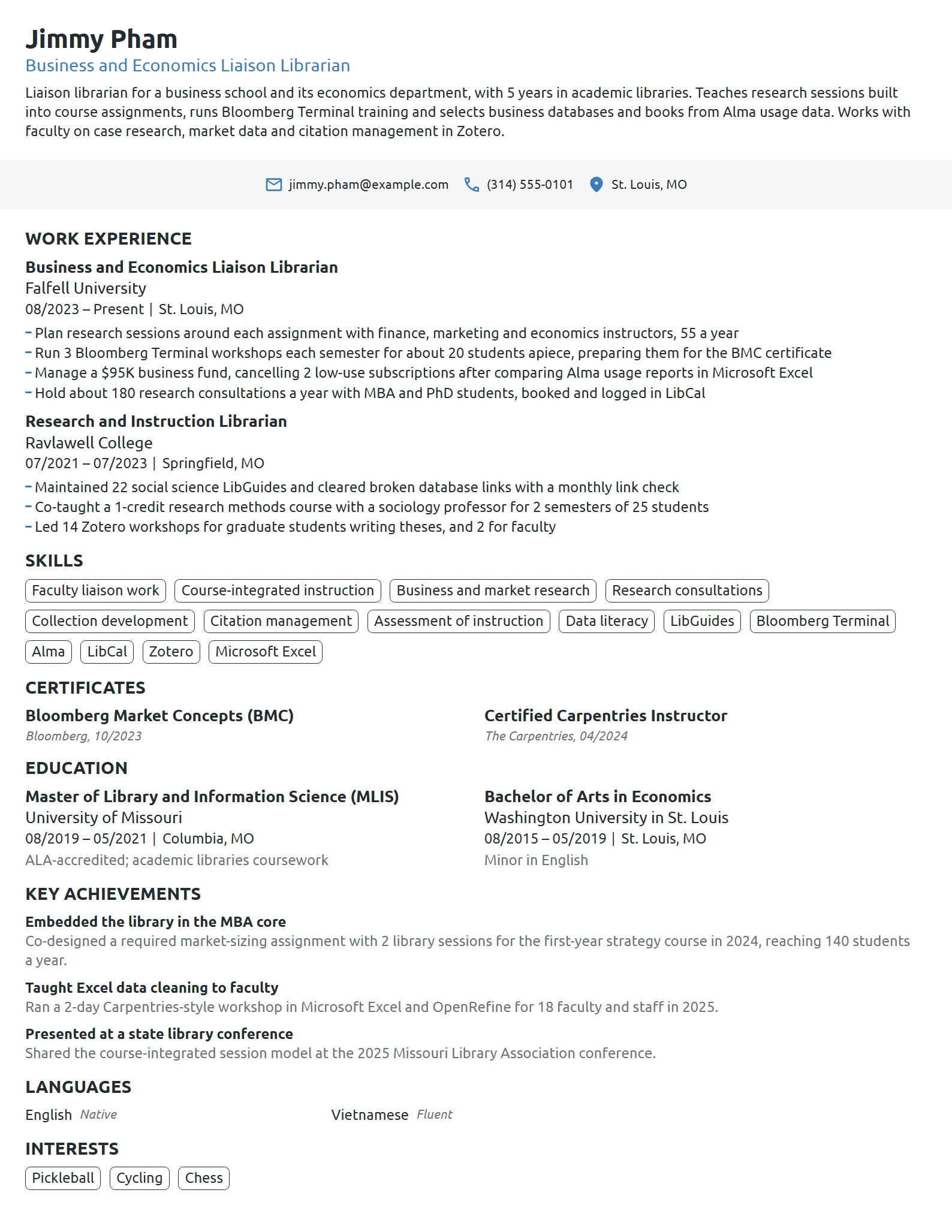 Liaison Librarian resume example