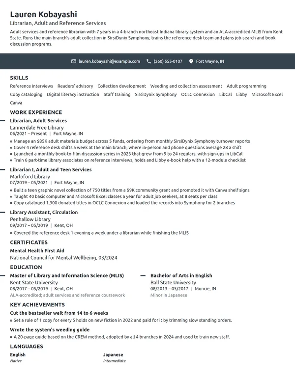 Librarian resume example