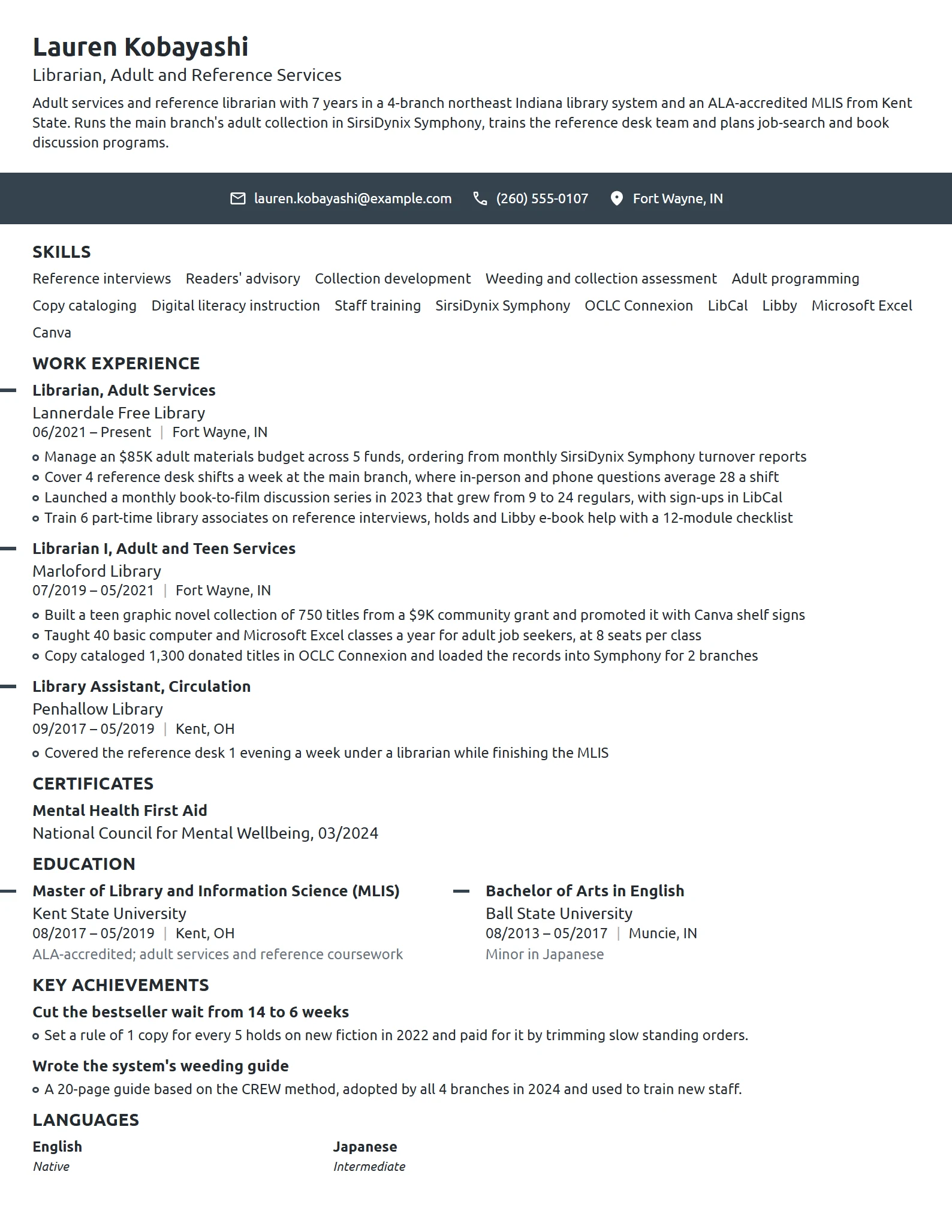 Librarian resume example