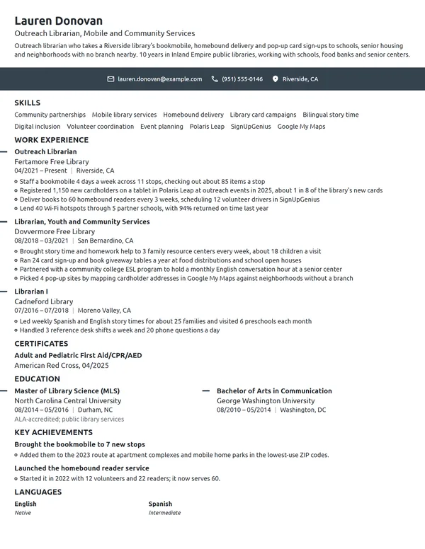 Outreach Librarian resume example