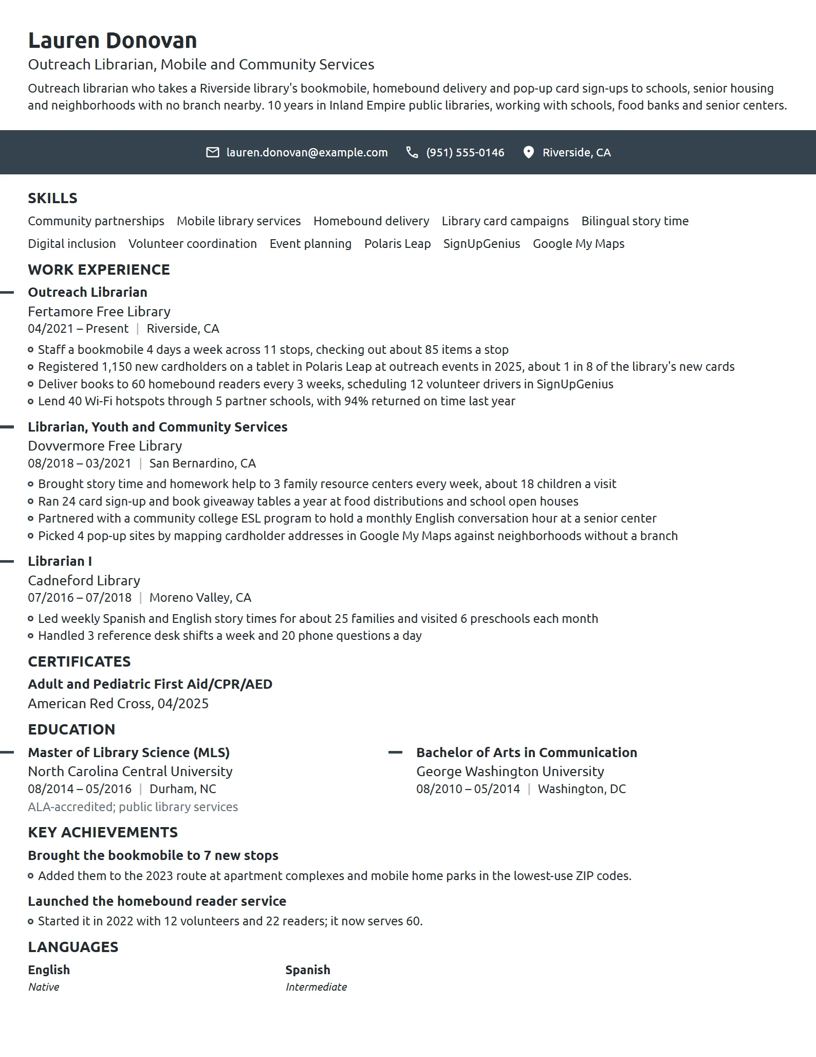 Outreach Librarian resume example