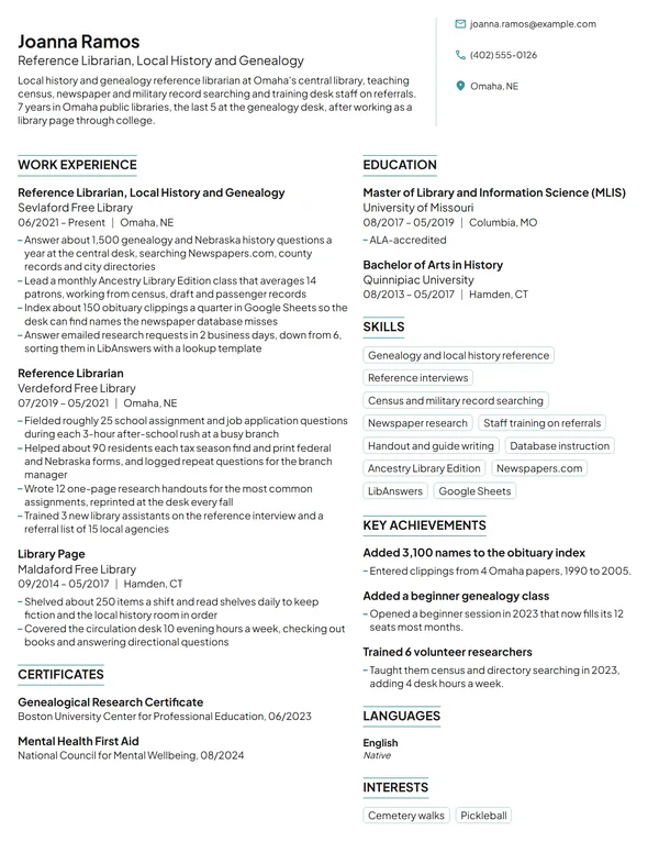 Reference Librarian resume example