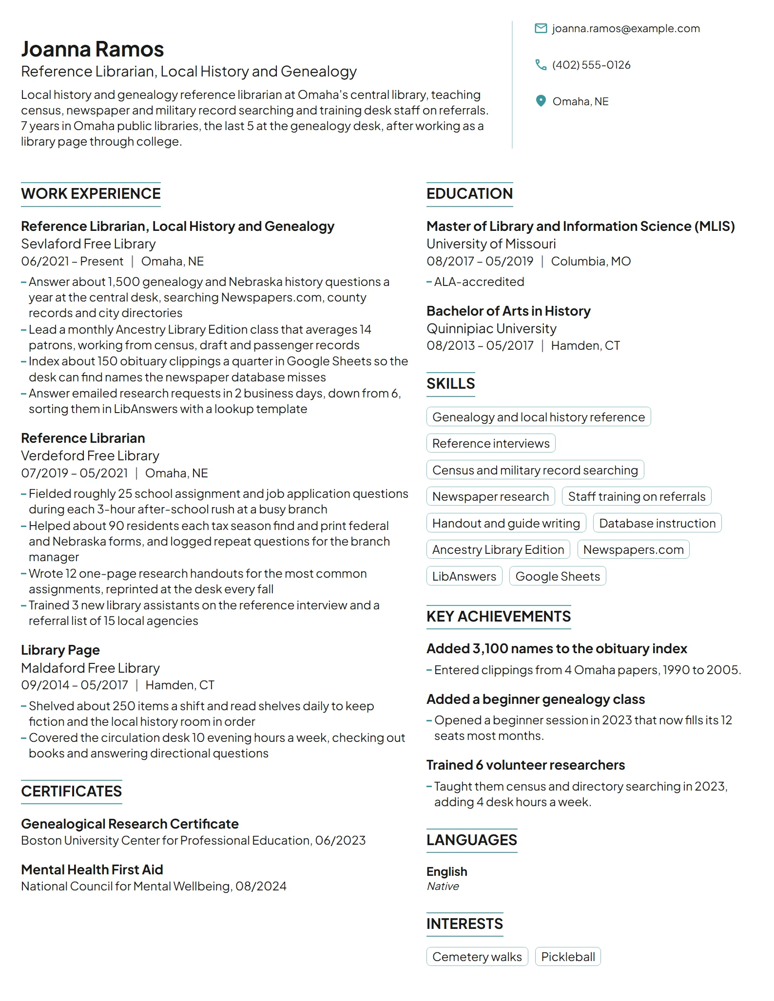 Reference Librarian resume example