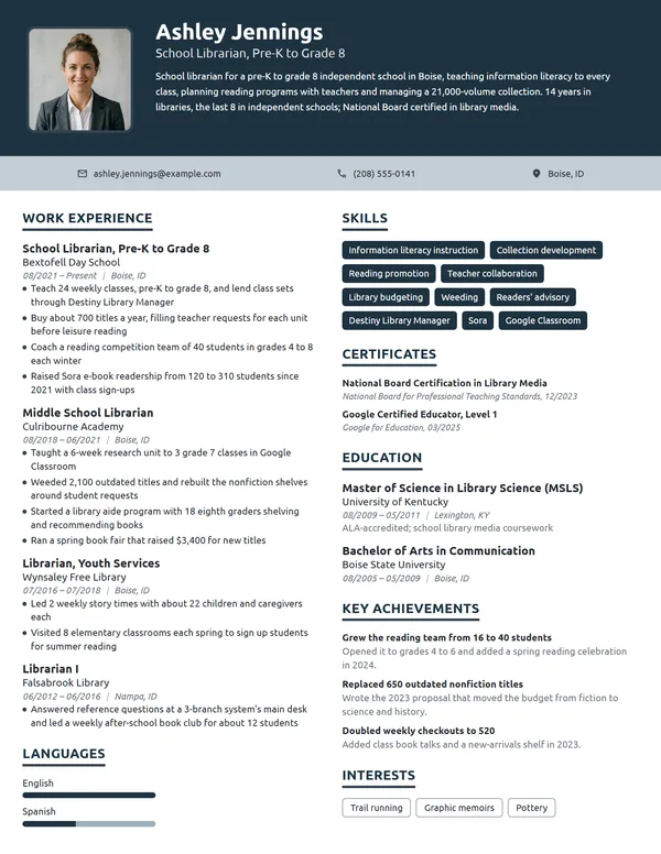 School Librarian resume example