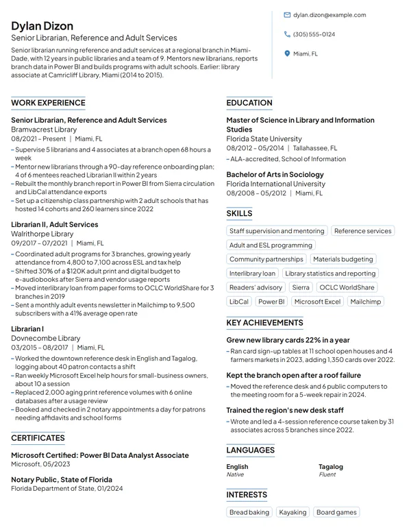 Senior Librarian resume example