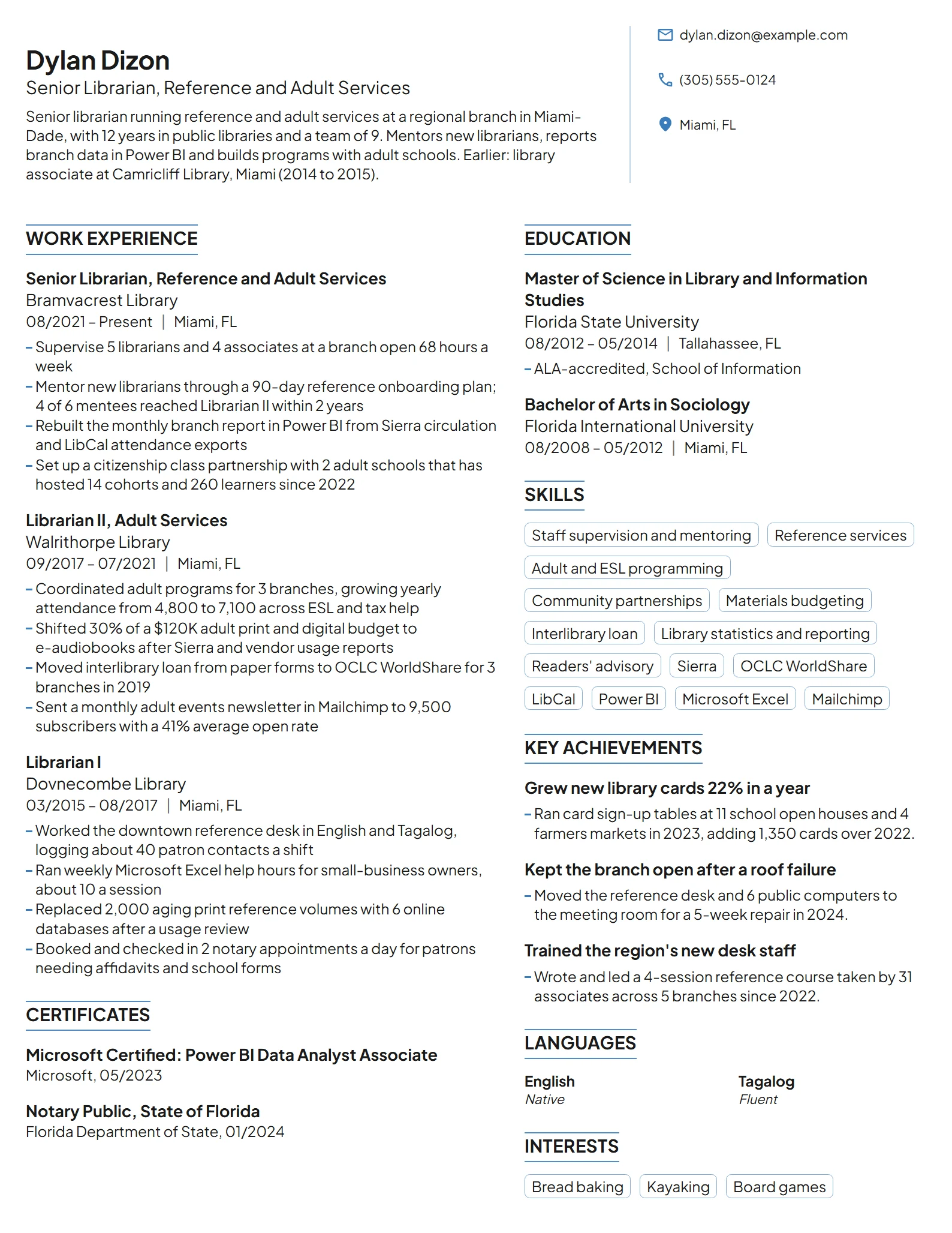 Senior Librarian resume example