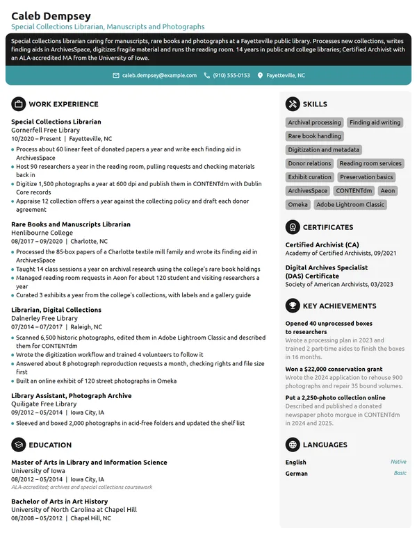 Special Collections Librarian resume example