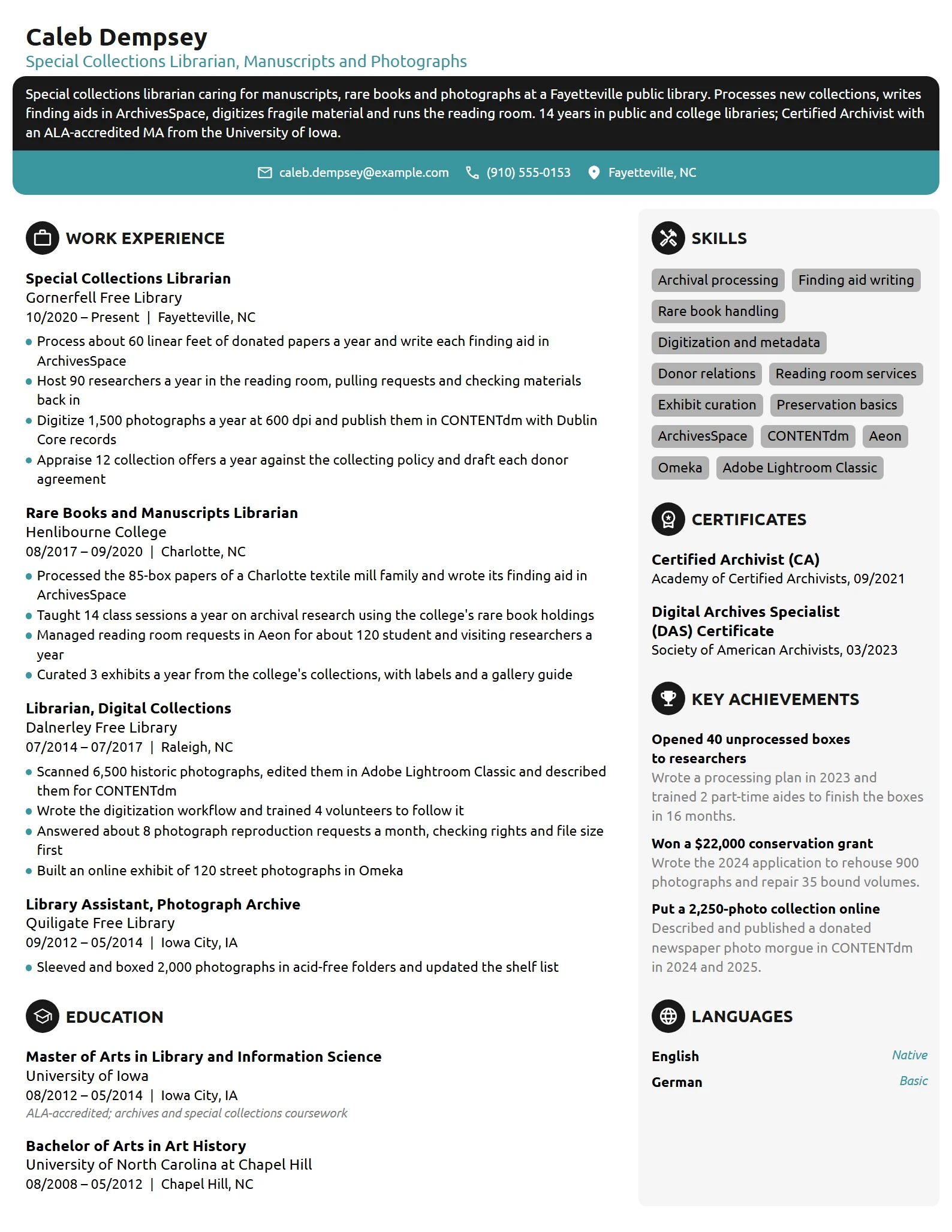 Special Collections Librarian resume example