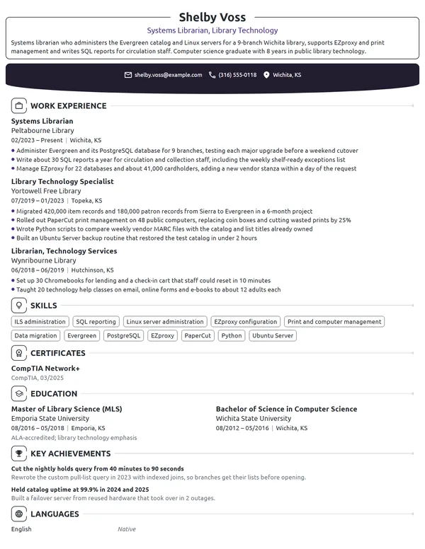 Systems Librarian resume example