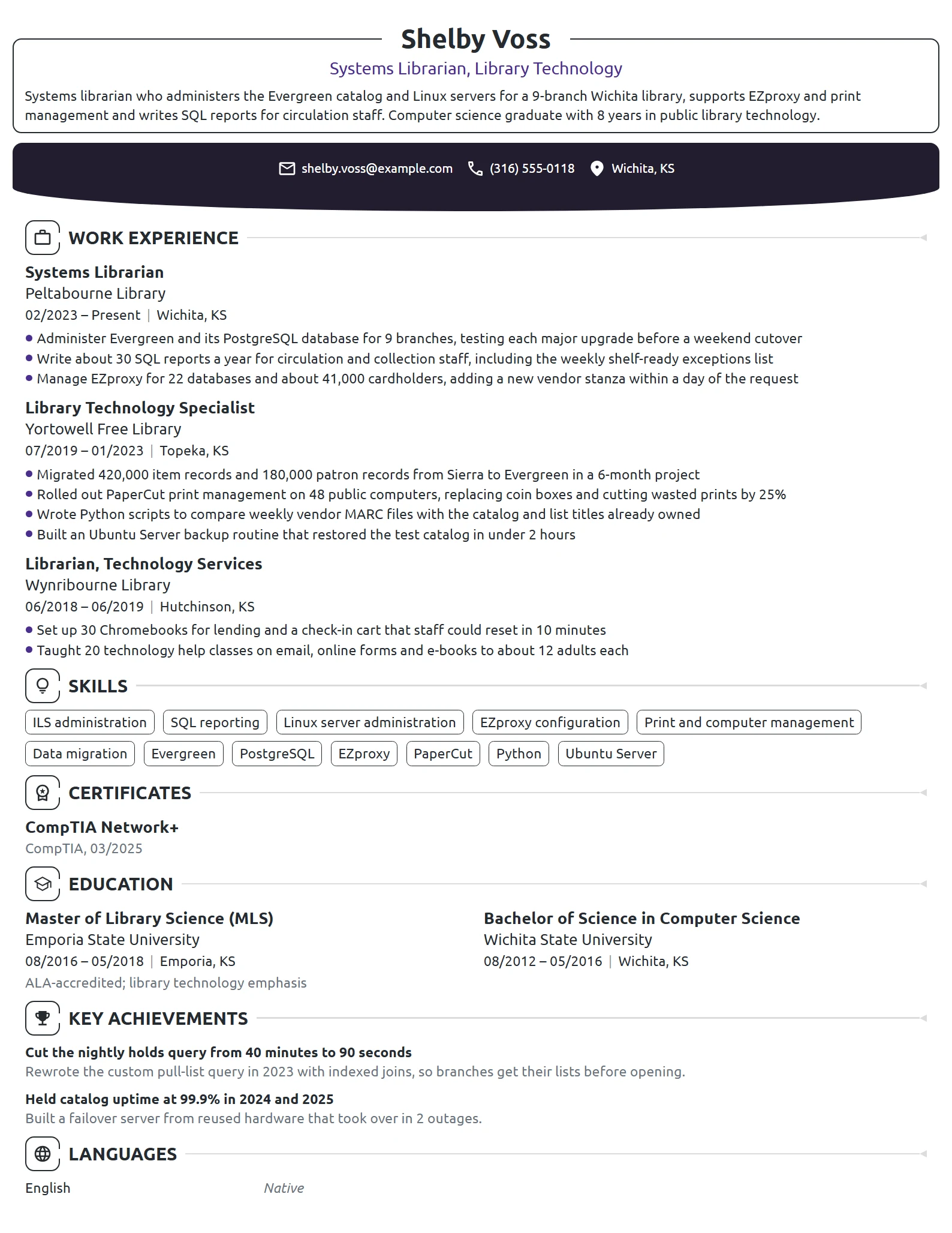 Systems Librarian resume example