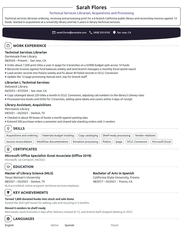 Technical Services Librarian resume example
