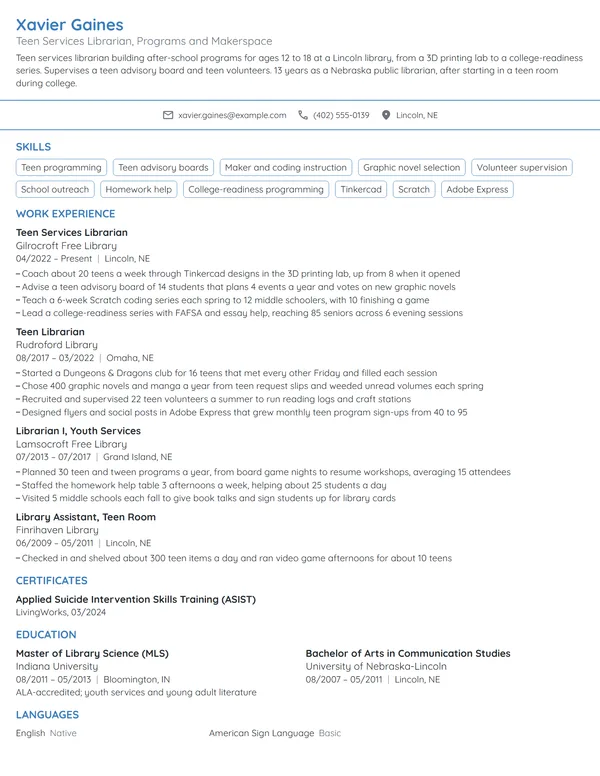 Teen Services Librarian resume example