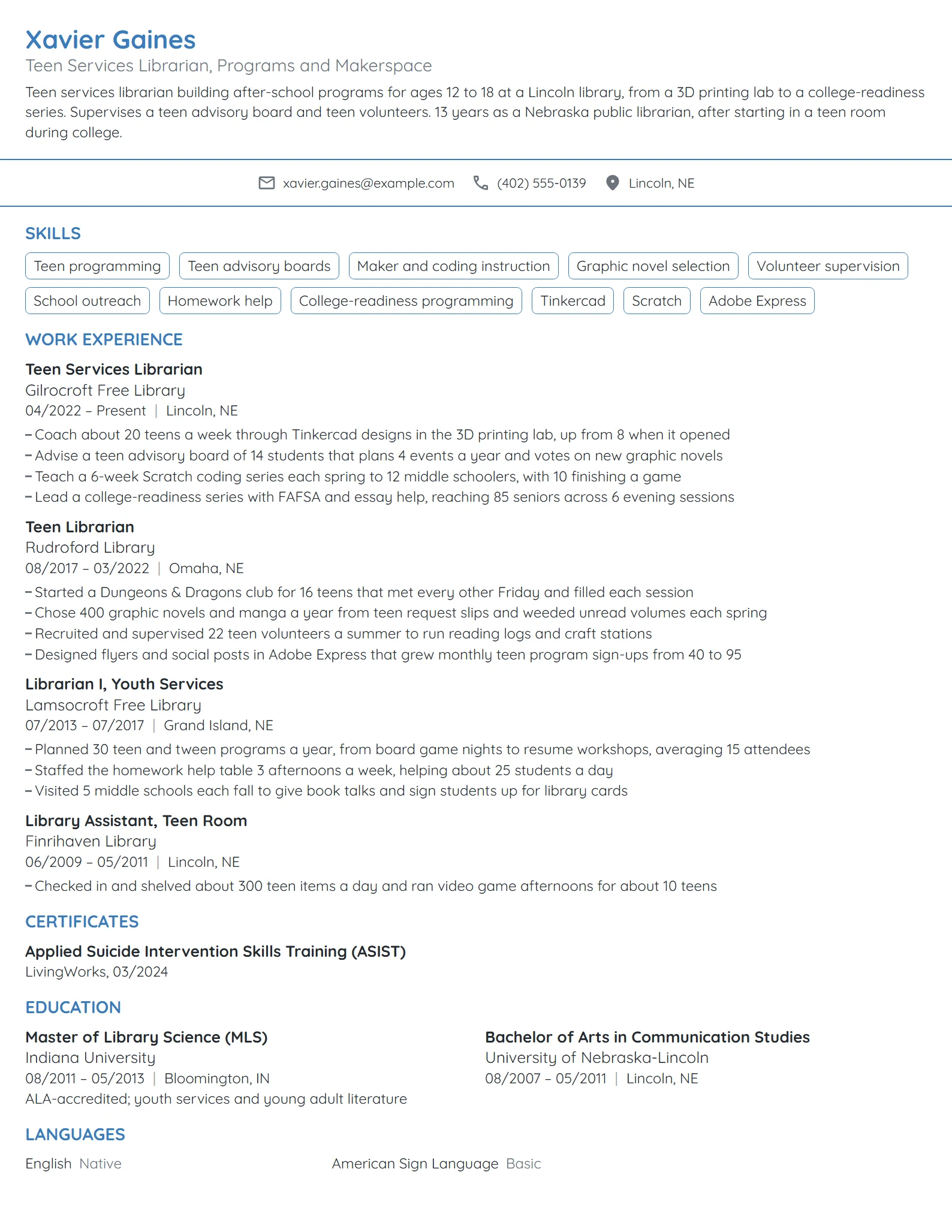Teen Services Librarian resume example