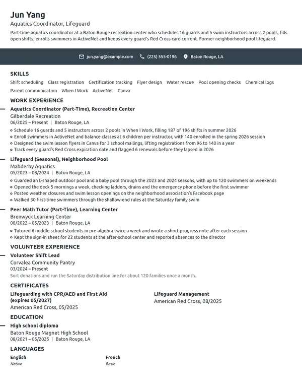 Aquatics Coordinator resume example