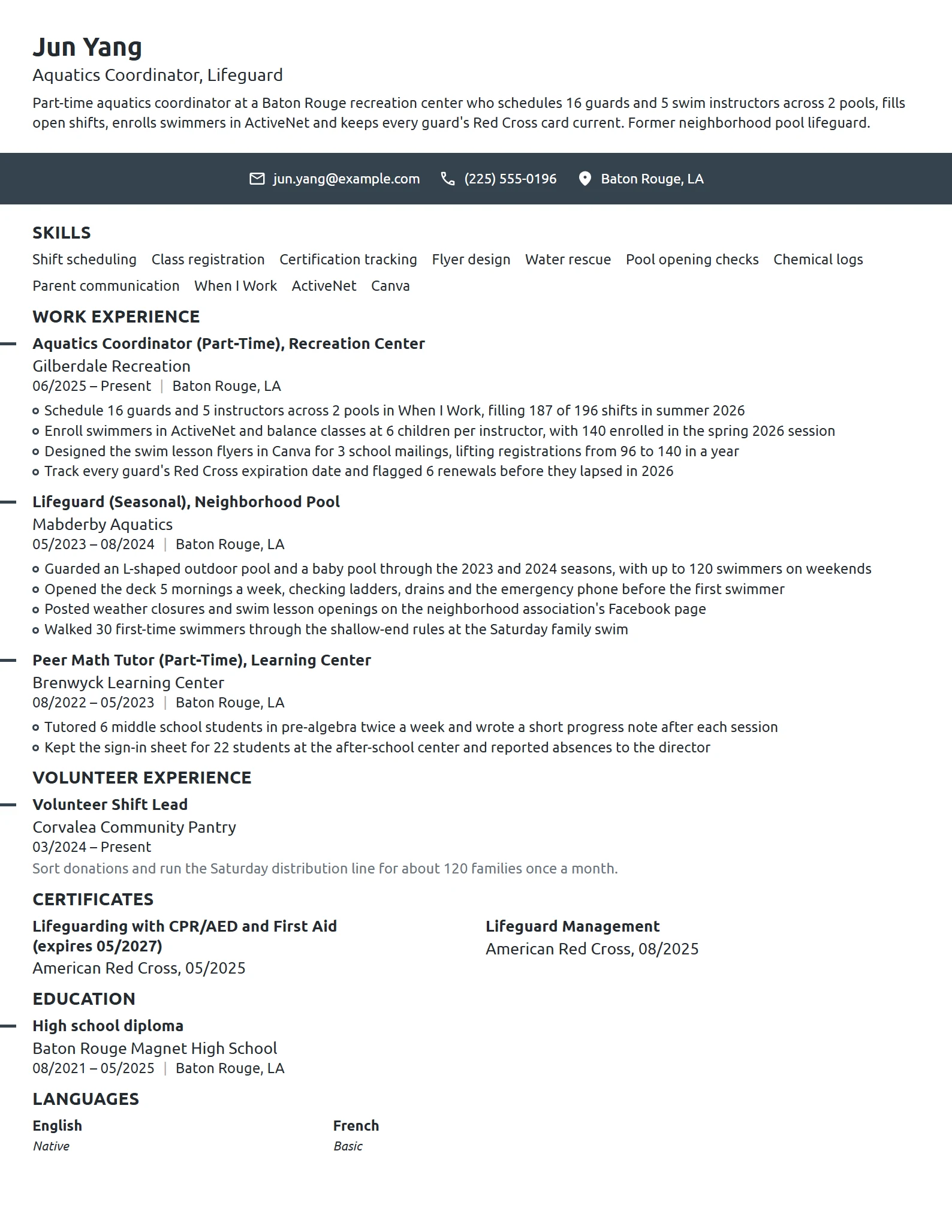 Aquatics Coordinator resume example