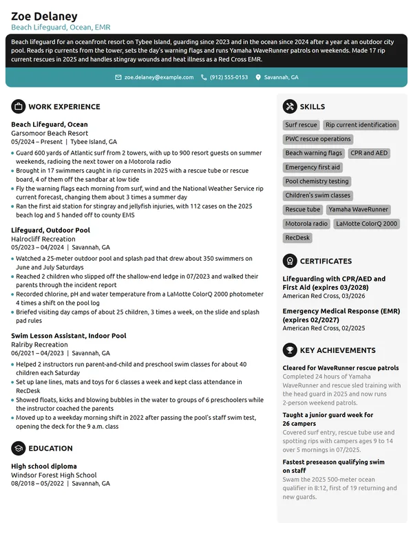 Beach Lifeguard resume example